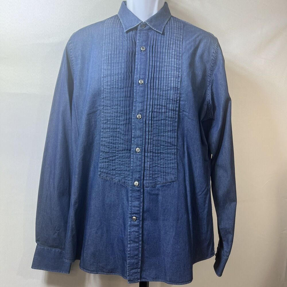 VALENTINO Men's Dress Shirt Denim Tuxedo Solid Long-sleeve Size 44 17 1/2 Unique